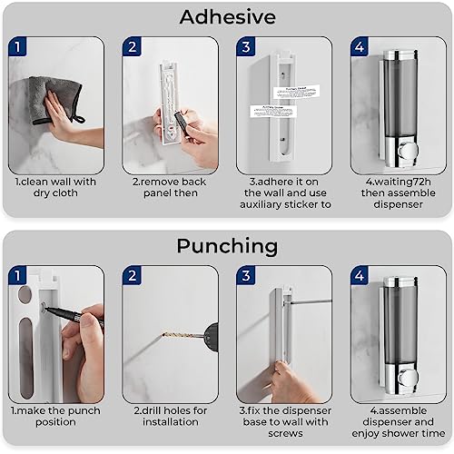 Pollock Pollock Shampoo and Conditioner Dispenser Wall Mounted | Shower Soap Dispenser 2 Chamber No Drill, Shampoo Dispenser for Shower, Body Wash Dispenser for Bathroom, Large Capacity - color: Silver Dg1 Chamber