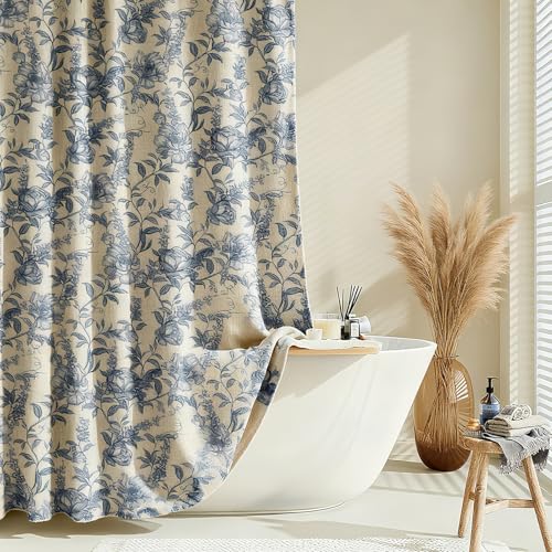 Farmhouse Blue Floral Shower Curtain with 12 Clear Rings, Fabric Faux Linen Shower Curtain Set, Vintage Cottagecore Shower Curtain for Bathroom 72" W x 84" L - color: Blue-taupe Base, size: 72"W x 84"L (Pack of 1)