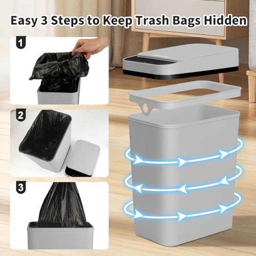 3 Pack Bathroom Trash Can with Lid, 2.5 Gallon Small Slim Trashcan, Automatic Trash Can Touchless, Motion Sensor Waterproof Plastic Trash Bin for Bedroom Kitchen Office Living Room (Black+Gray+White) - color: Black/White/Grey