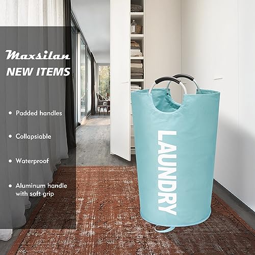Maxsilan 125L X-Large Laundry Basket Bag, Collapsible Hamper, Light Blue | Freestanding tall laundry bag & foldable washing basket. Large capacity clothes storage bin with durable sturdy handles - color: Light Blue, size: 125L