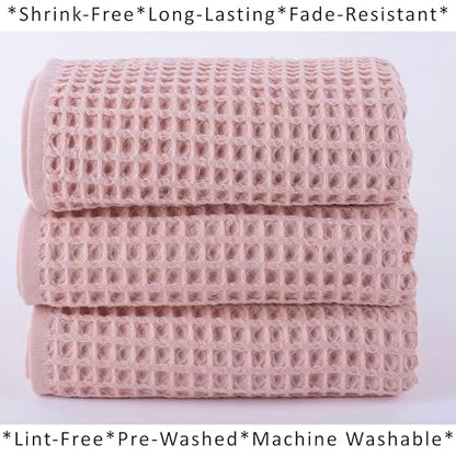 PÜSKÜL Natural 100% Turkish Cotton Waffle Kitchen and Hand Towels, 3-Piece | Pink Powder, 32x16" Large, Premium 3D Honeycomb Weave Soft Absorbent Quick-Dry Lint-Free Dish Towel, Oeko-Tex Made in Turkey - color: Pink Powder, size: Kitchen & Hand Towels Pac