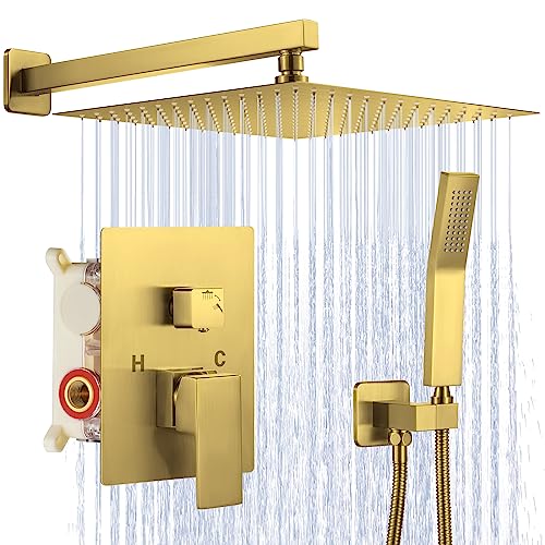 JOMEOO® 12 Inch Brushed Gold Shower System, Wall Mounted High Pressure Rain Shower Head with Handheld Sprayer, Bathroom Luxury Gold Shower Head Shower Faucet Set Rough in Valve Body and Trim - color: Brushed Gold