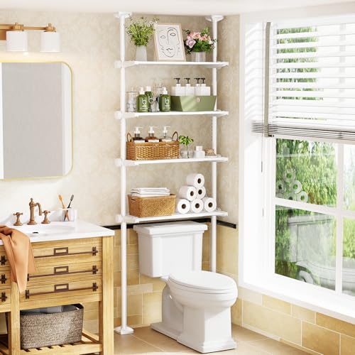 Bonpally Over The Toilet Storage Shelf, 4-Tier Adjustable Bathroom Organizer, No Drill Tension Mounted Shelves Metal, Space-Saving Bathroom Cabinet Rack Above Toilet for Small Bathroom Rooms, White - color: White