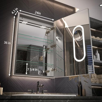 Luxury LED Lighted Medicine Cabinet with Mirror Dimmable, Defogging, 24 inch Commercial Medicine Cabinet, Outlets for Apartments, Hotel, Right Hinge - size: 24"W x 36"H Right