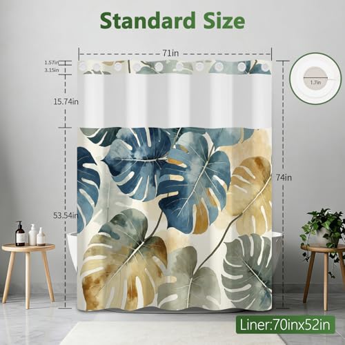 Tropical Leaves Shower Curtain with Detachable Weighted Liner, No Hook Monstera Leaf Tall Shower Curtain with Ventilation Window, Summer Waterproof Fabric Bathroom Shower Curtain Sets, 71x74 Inches - color: Monstera