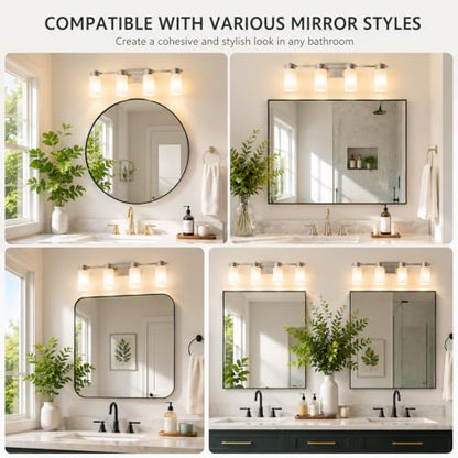 4-Light Bathroom Vanity Light, Brushed Nickel Vanity Light with Frosted Glass Shades, E26 Base Bathroom Light Fixture, Dimmable, Up or Down Wall Mount Lighting for Bathroom Mirror - color: Brushed Nickel
