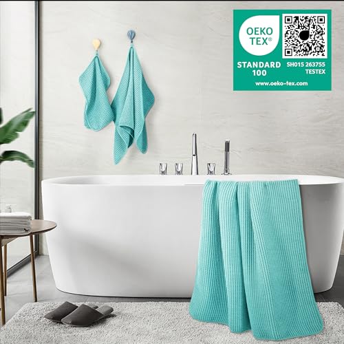 POLYTE 430 GSM Poly Blend Microfiber Quick Dry Waffle Bath Towel Set of 6 | 2-Body Towels, 2-Hand Towels, 2-Wash cloths, Oversize, Lint Free - color: Aqua