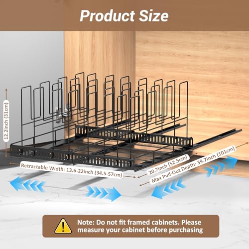 Housolution Pull Out Baking Tray and Cookie Sheet Cutting Board Organizer | 13"-22" Expandable, 21.5" Deep, 8 Adjustable Dividers, Sliding Rail Design, Sturdy Metal Structure, Adhesive/Screw Fixing - color: Black, 8 Dividers, size: Large