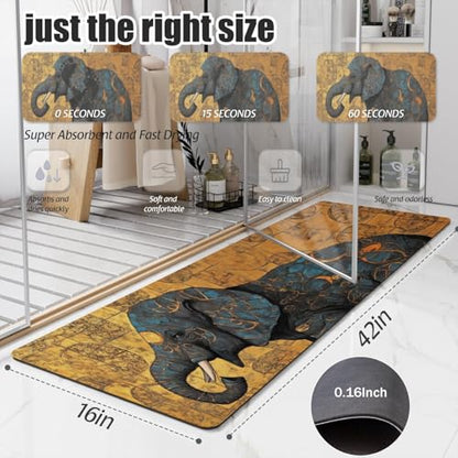 Bathroom Runner Mat Rugs Long,Elephant Indian Black Print Diatomite Stone Bath Mat Large Absorbent Diatomaceous Earth Mat Non Slip Fast Dry Shower Mat Bathroom Rugs Floor Mat 16x42in - color: Design03