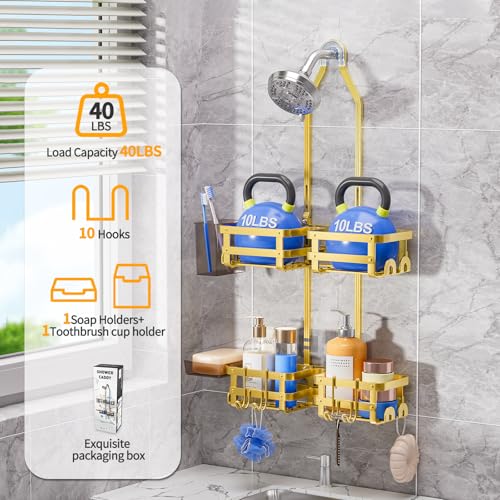 Aluminum Shower Caddy Hanging, Never Rust Shower Organizer | 4 Levels with adjustable Height 10 Hooks for Razor/Sponge - Rack with Soap Basket (Gold) - color: Gold