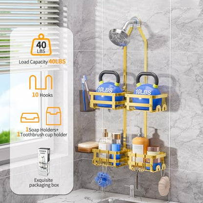 Aluminum Shower Caddy Hanging, Never Rust Shower Organizer | 4 Levels with adjustable Height 10 Hooks for Razor/Sponge - Rack with Soap Basket (Gold) - color: Gold
