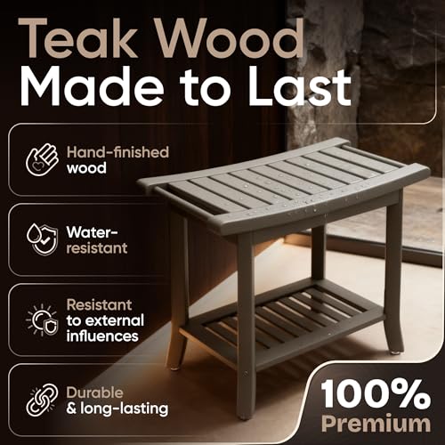 Teak shower bench with Storage Shelf, Shower Stool for Inside Shower, Waterproof Shower Bench Seat, Shower Chair for Inside Shower, Wood Bench, Bathroom Bench (Natural Wood) (Gray Wood) - color: Gray Wood