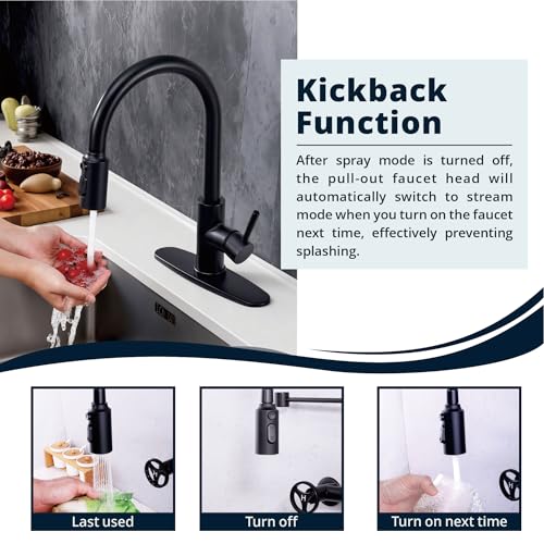 Pull Down Kitchen Faucet Head Replacement, 3 Function Pull Out Sprayer Head Nozzle with 9 Adapters for Kitchen Sink Faucet American Standard, Matte Black - color: Matte Black