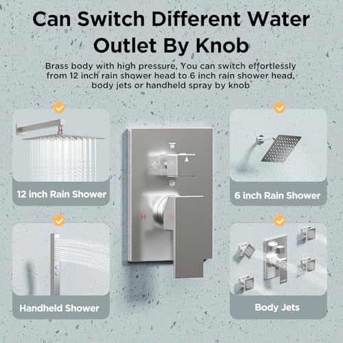 Rainfall Shower System with 4 Body Spray Jets, STARBATH 4 Way 12 + 6"Rainfall Shower Head with Handheld Combo, Shower Jets System High Pressure Shower Faucet Set, Brushed Nickel - color: Brushed Nickel, size: 6"+12"-04