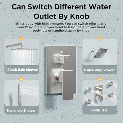 Rainfall Shower System with 4 Body Spray Jets, STARBATH 4 Way 12 + 6"Rainfall Shower Head with Handheld Combo, Shower Jets System High Pressure Shower Faucet Set, Brushed Nickel - color: Brushed Nickel, size: 6"+12"-04