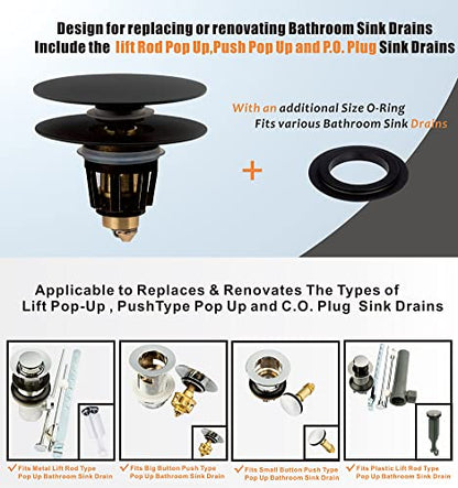Universal Bathroom Sink Drain Stopper, Fits Most Pop-Up Drains for Vessel Sink Lavatory Vanity, Sink Drain Strainer with Detachable Hair Catcher, Tested by Plumber in US (MATT Black) - color: Matt Black