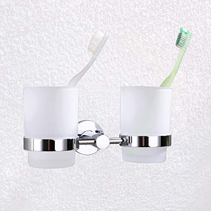 Double Toothbrush Holder, Angle Simple Stainless Steel Toothbrush Holder Rinsing Cups Drinking Glass Toothbrush Mug Hanger Toothpaste Razor Holder Bathroom Accessories, Chrome - color: Chrome