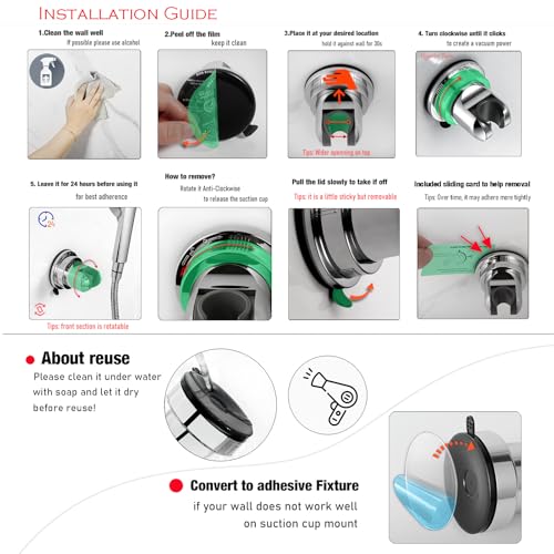 Hand held Showerhead Holder Wall Mounted with Suction Cup - Reusable- Wide Anlge Adustable Shower Hose Holder (Matte Black) - color: Matte Black