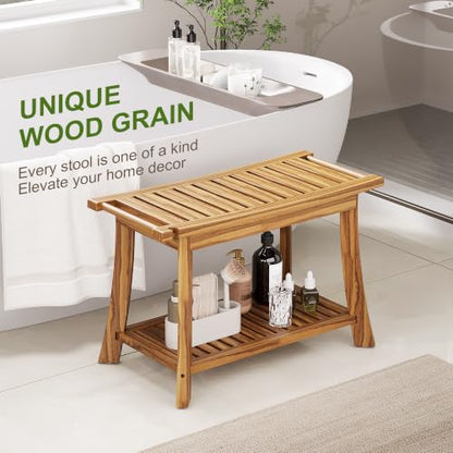 24" Teak Shower Bench with Towel Bar & Shelf - 2-Tier Bath Stool | Solid Teak Shower Stool, Safety Non-Slip Feet, 300lbs Capacity Spa bath Seat, Leg Shaving, Sauna, Indoor & Outdoor Use