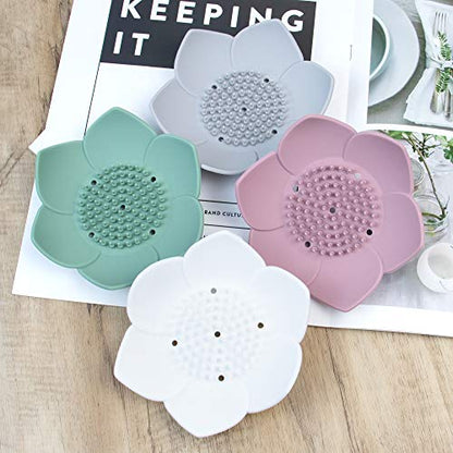 AUEAR, 4 Pack Lotus Flowers Soap Dish with Drain Silicone Holder Non-Slip Flexible Tray for Bathroom Shower - color: White & Grey & Green & Pink, size: 4 Pack