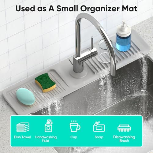 24 Inch Longer Faucet Mat for Kitchen Sink [5°Slope Fast Self-draining]Bathroom Kitchen Sink Splash Guard Silicone Sink Faucet Mat Splash Guard Kitchen Sink Area Tidy Splash Faucet Guard Draining Mat - color: Light Gray, size: 24" x 5.5"