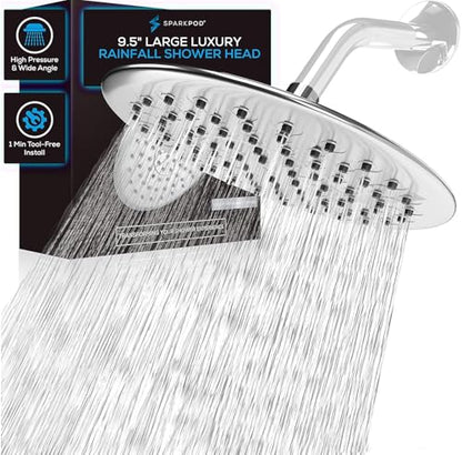 SparkPod 9.5 Inch Large Rain Shower Head - Luxury Rainfall Shower Head - High Pressure Showerhead, Full Body Coverage with Anti-Clog Silicone Nozzles -No Hassle, Easy Install (1/2 NPT, Chrome)