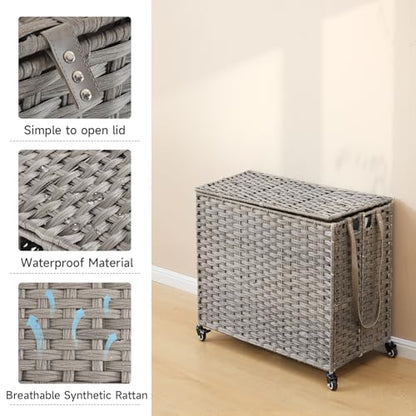 Laundry Hamper with Wheels, 34.3 Gallon(130L) Rolling Laundry Basket with Lid, Removable Large 2 Color Liners & 3 Mesh Laundry Bags, Clothes Hamper with Side Pocket, Grey - color: Grey, size: 23.62"L x 15.75"W x 21.65"H
