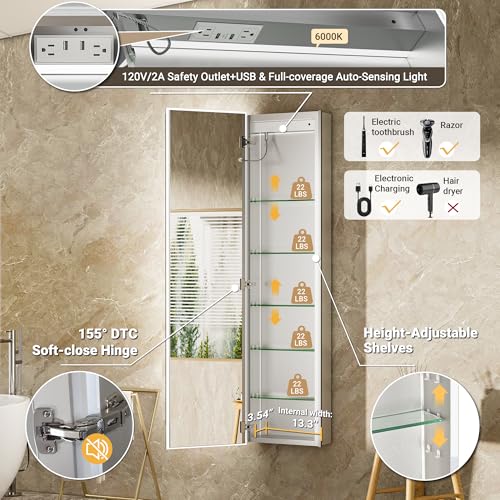 Surface or Recessed Backlit Medicine Cabinet Mirror 16x60 Inch Tall, Pre-Assembled Lighted Medicine Cabinet with 155° Soft-Close Hinge, Dimmable LED Mirror Cabinet with Outlet & Inner Light - size: 16x60'' (Left Hinge)