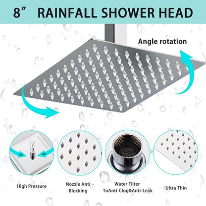 8 Inch Shower Faucet Set Ceiling Mount, High Pressure Rainfall Shower System, Square Rain Shower Head with Handheld Spray Combo, Ceiling Luxury Rainfall Shower Fixtures (L-Style) - color: Polish Chrome, style: 8 Inch-L Style