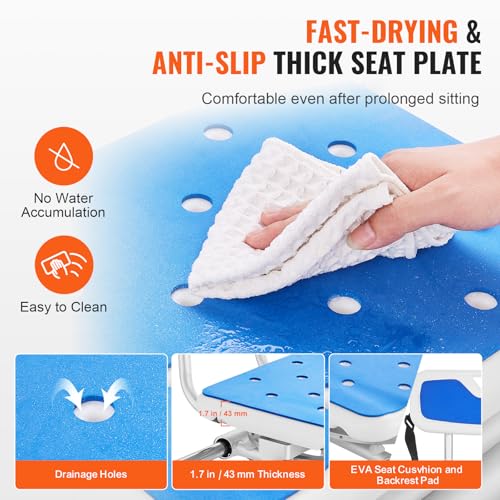 VEVOR Sliding Tub Transfer Bench with 360 Degree Swivel Seat, Height Adjustable Bathtub Transfer Bench with Armrest & Safety Belt, Non-Slip Rotating Shower Chair for Elderly Disabled, 400LBS Capacity