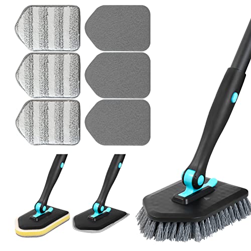 3 in 1 Scrub Cleaning Brush with Long Handle 51'' - Shower Bathtub (Black) | Tub & Tile Scrubber Brush of 1 Stiff Brush Head & 3 Scouring Pads & 3 Microfiber Clothes, for Wall Bathroom Glass Bathtub - color: Black