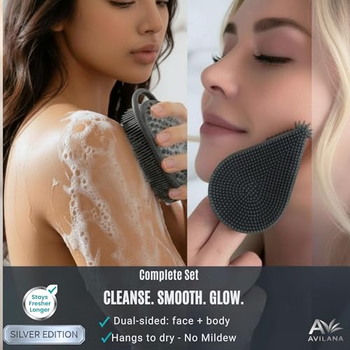 Avilana Silicone Body Scrubber for Shower – SGS Certified Food Grade Dual Sided Bath Brush, Gentle Exfoliating Silicone Loofah Alternative, Sensitive Skin Body Brush (Blue-Silver, Body & Face) - color: Blue-silver, size: Body & Face