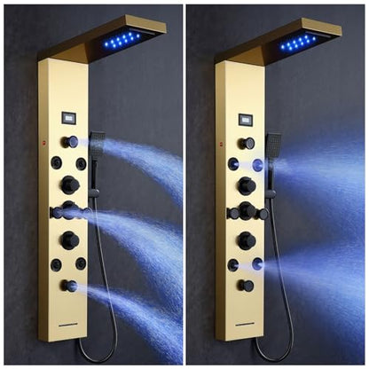 POPFLY LED Rainfall Waterfall Shower Panel Tower System, 4 Body Jets and 4 Mist Spray, 3-Function Handheld Shower, Stainless Steel Shower Tower with Temp Display, Brushed Gold - color: 8 Jets-Gold