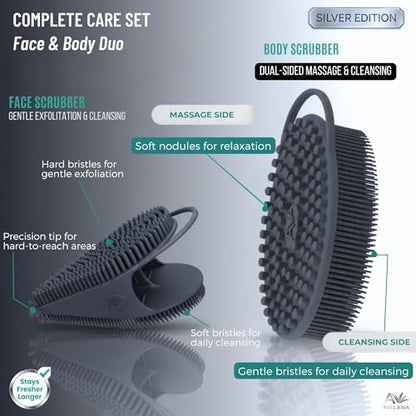 Avilana Silicone Body Scrubber for Shower – SGS Certified Food Grade Dual Sided Bath Brush, Gentle Exfoliating Silicone Loofah Alternative, Sensitive Skin Body Brush (Blue-Silver, Body & Face) - color: Blue-silver, size: Body & Face