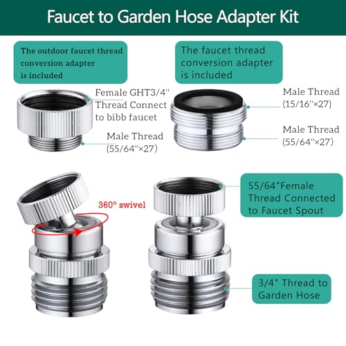 Faucet to Garden Hose Adapter,Brass 3/4-Inch Garden Hose Adapter with Aerator, 360-degree Swivel for Kitchen And Bathroom,Chrome - color: A-Faucet adapter