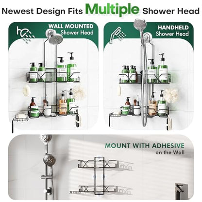 Sewulidon Stainless Steel Hanging Shower Caddy for Handheld Shower Heads,Adjustable Height Extra Long Bathroom Shower Organizer Hanger Rack with Hooks,Soap Holder - color: Black