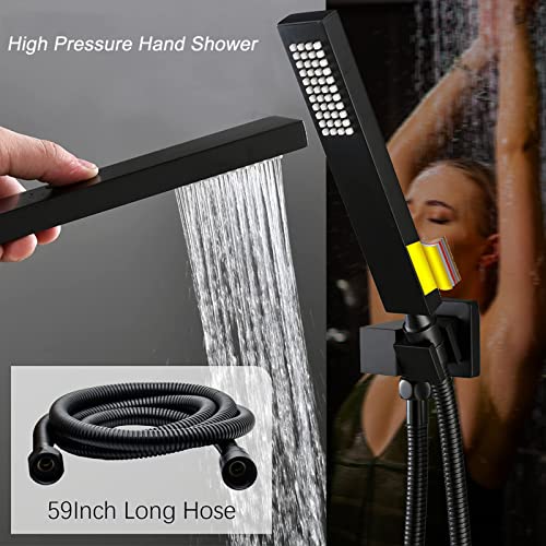 Black Tub Shower Faucet Set 4 Functions Thermostatic Shower System | with Tub Spout, Wall Mounted 12 inch Shower Head, 6 Body Jet, Handheld Spray - color: Black, size: 12" Wall Shower