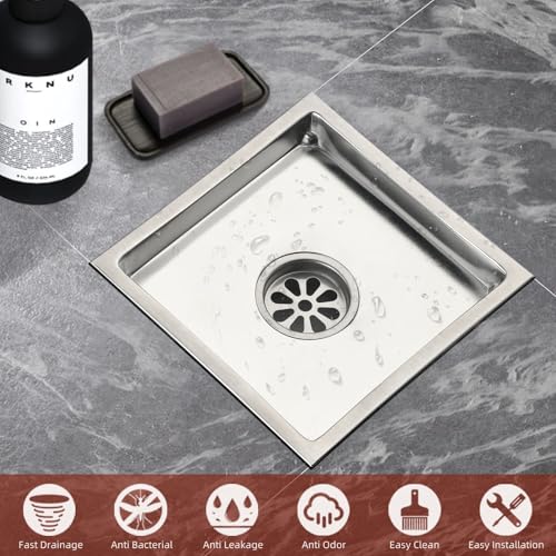 6 Inch Square Shower Drain with Removable Square Grille, Brushed 304 Stainless Steel, PVC Shower Drain Base, Includes Hair Strainer for Kitchen, Bathroom, Garage - color: 6-inch Brushed Nickel