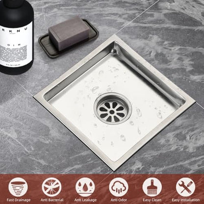 6 Inch Square Shower Drain with Removable Square Grille, Brushed 304 Stainless Steel, PVC Shower Drain Base, Includes Hair Strainer for Kitchen, Bathroom, Garage - color: 6-inch Brushed Nickel