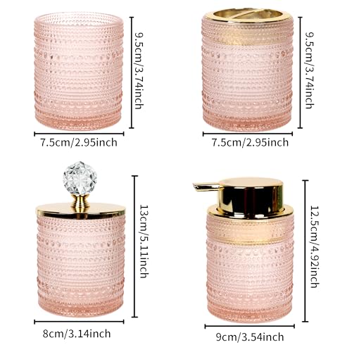 FEILANDUO Bathroom Accessories Set,4Pcs Glass Bathroom Accessories,Vanity Bathroom Decor, Soap Dispenser, Toothbrush Holder Set, Apothecary Jar, Gift for Home Apartment (Pink)