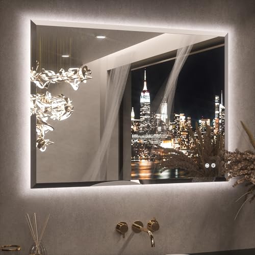 Keonjinn 40 x 30 Inch Backlit Mirror Bathroom, Frameless LED Mirror Beveled Edge, Safe Tempered Glass, UL-Listed, Anti-Fog, 3 Color Lights, Dimmable, Light Up Bathroom Wall Mirrors for Over Sink - color: Backlit Beveled Edge, size: 30"L x 40"W