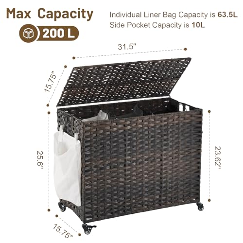 Laundry Hamper with Wheels, 52.8 Gallon(200L) Rolling Laundry Basket with Lid, Removable Large 3 Color Liners & 3 Mesh Laundry Bags, Clothes Hamper with Side Pocket, Brown - color: Brown, size: 31.5"L x 15.75"W x 25.6"H