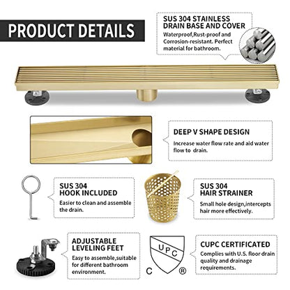 Linear Shower Drain 36 Inch, Brushed Gold 304 Stainless Steel Rectangular Shower Drain, 51L/Min Fast Drainage Floor Linear Drain, US Standard CUPC Certified, Zirconium Gold, SD-108-36ZG - color: Zirconium Gold, size: 36 Inch