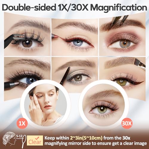 Magnifying Mirror with Light 30X, Double-Sided 1X/30X Magnifying Makeup Mirror with Tweezer, 2000mAh 3 Colour Modes with Adjustable Brightness,Foldable Compact Travel Mirror(Pink) - color: Pink