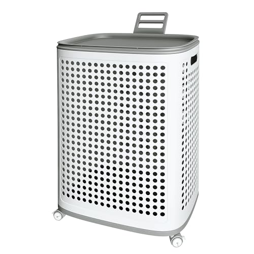 Plastic Laundry Basket on Wheels with Lid & Handle, Large | Ventilated,rolling clothes hamper, storage for laundry room, dorm,bathroom, bedroom, playroom, game room, lightweight, White - size: Large