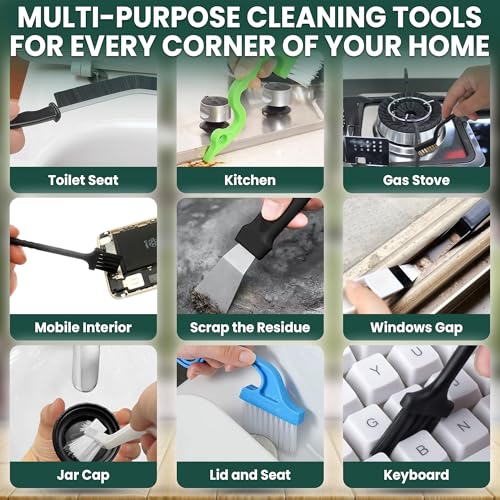 14 Pcs Crevice Cleaning Brush Set – Hard Bristle Cleaning Tools for Grout, Tile Floors, Gaps & Narrow Spaces – Multi-Purpose Grout Scrub Brush for Cleaning Bathroom, Shower, Window Tracks, Kitchen | Multi-Purpose Grout Scrub Brush for Tile Floors, Bathroo