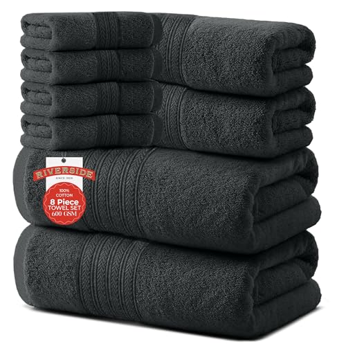 RIVERSIDE Pack of 8 Towels Set, 2 Large Bath, 2 Hand, 4 Face Washcloths, 100% Cotton Hotel Quality, Super Soft, Quick Dry, Highly Absorbent Perfect for Bathroom, Gray - color: Gray, size: Towel Set (PK 8)