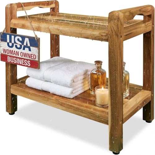 EcoDecors Eleganto 24 Inch Natural Color Waterproof Teak Wood Shower Bench Stool Seat Chair For Inside Shower Provides Safety, Storage, and Organization For Bathroom Accessories - color: Natural, size: 24 inch