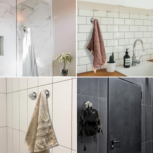 Suction Cup Hooks for Shower - 4 Pack, Matte Chrome - Stainless Steel, Strong Suction, No Drill, Removable Hanger, Tile Bathroom Kitchen Wall, Glass Door, Mirror Hook Hanging Robe, Towel Holder - color: Matte Chrome