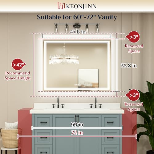 Keonjinn 48 x 36 Inch LED Bathroom Mirror with Lights, Frontlit and Backlit | HD Tempered Glass, Separately Frontlit/Backlit, Double Light Strips, Stepless 3 Colors Temperature & Dimmable, Fast Defogging - size: 36"L x 48"W